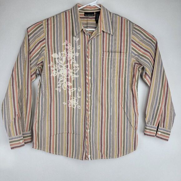 DKNY Jeans Mens Size Large Multicolor Striped Floral Design Long Sleeve Shirt - Picture 1 of 5